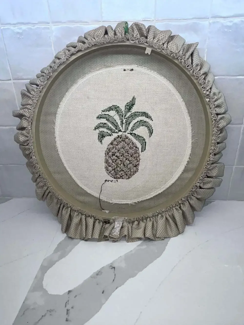 Vintage 1985 Hand-Stitched Pineapple Cross Stitch in Ruffled Hoop Frame